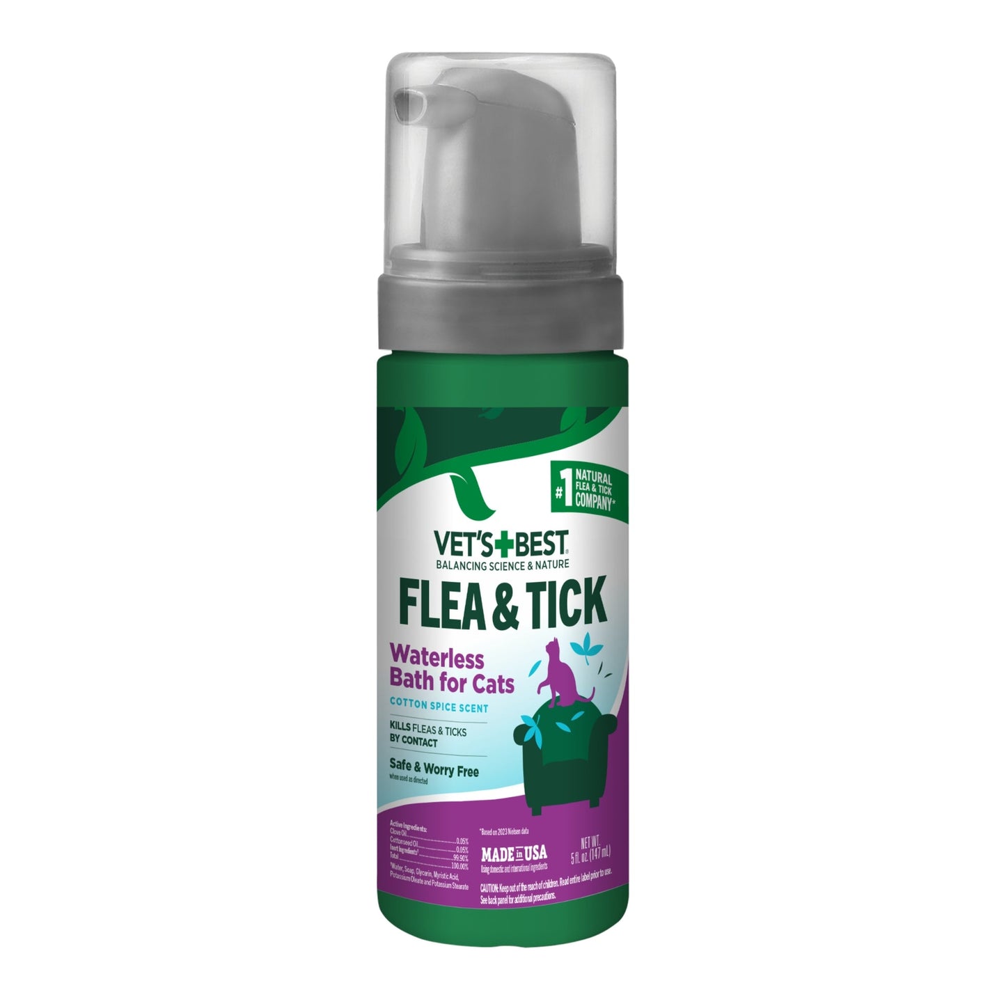 Vet's Best Flea & Tick Waterless Bath for Cats Cotton Spice Scent, 1ea/5oz.