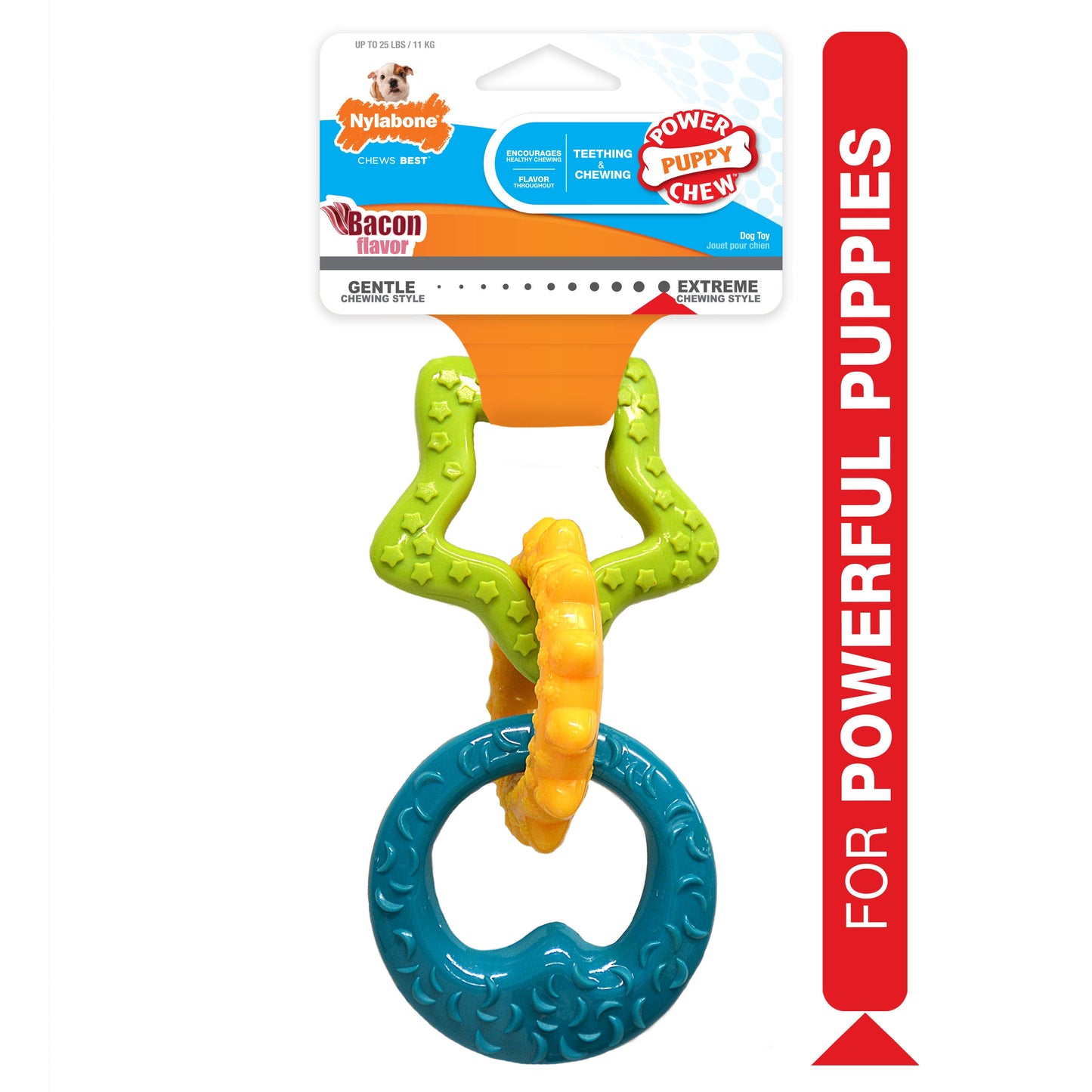 Nylabone Puppy Power Chew Puppy Teething Rings Bacon Yellow 1ea/SMall/Regular - Up To 25 Ibs.