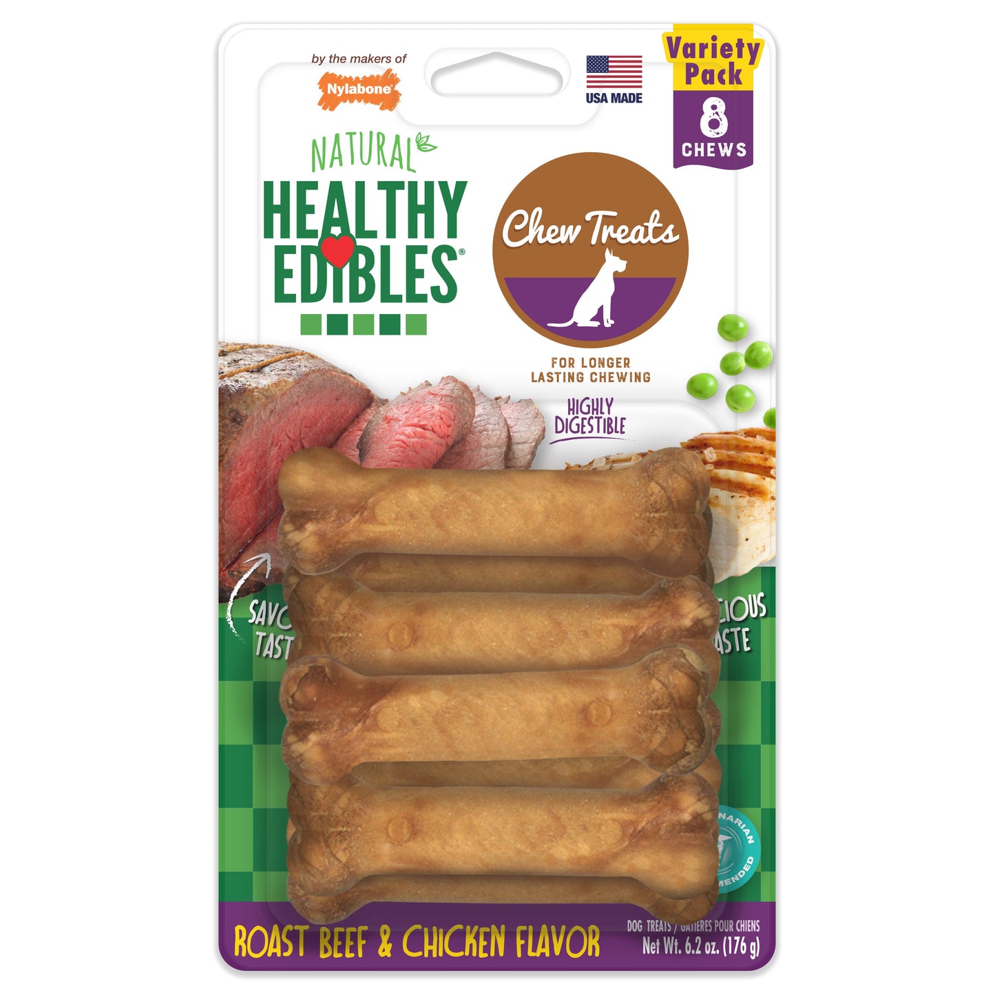 Nylabone Healthy Edibles AllNatural Long Lasting Roast Beef and Chicken Dog Chew Treats Roast Beef  Chicken, XS/Petite  Up To 15 Lbs. 8 ct