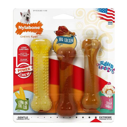 Nylabone Flavor Frenzy Power Chew Triple Pack Chicken, Corn & Ice Cream Sundae 1ea/SMall/Regular - Up To 25 Ibs.