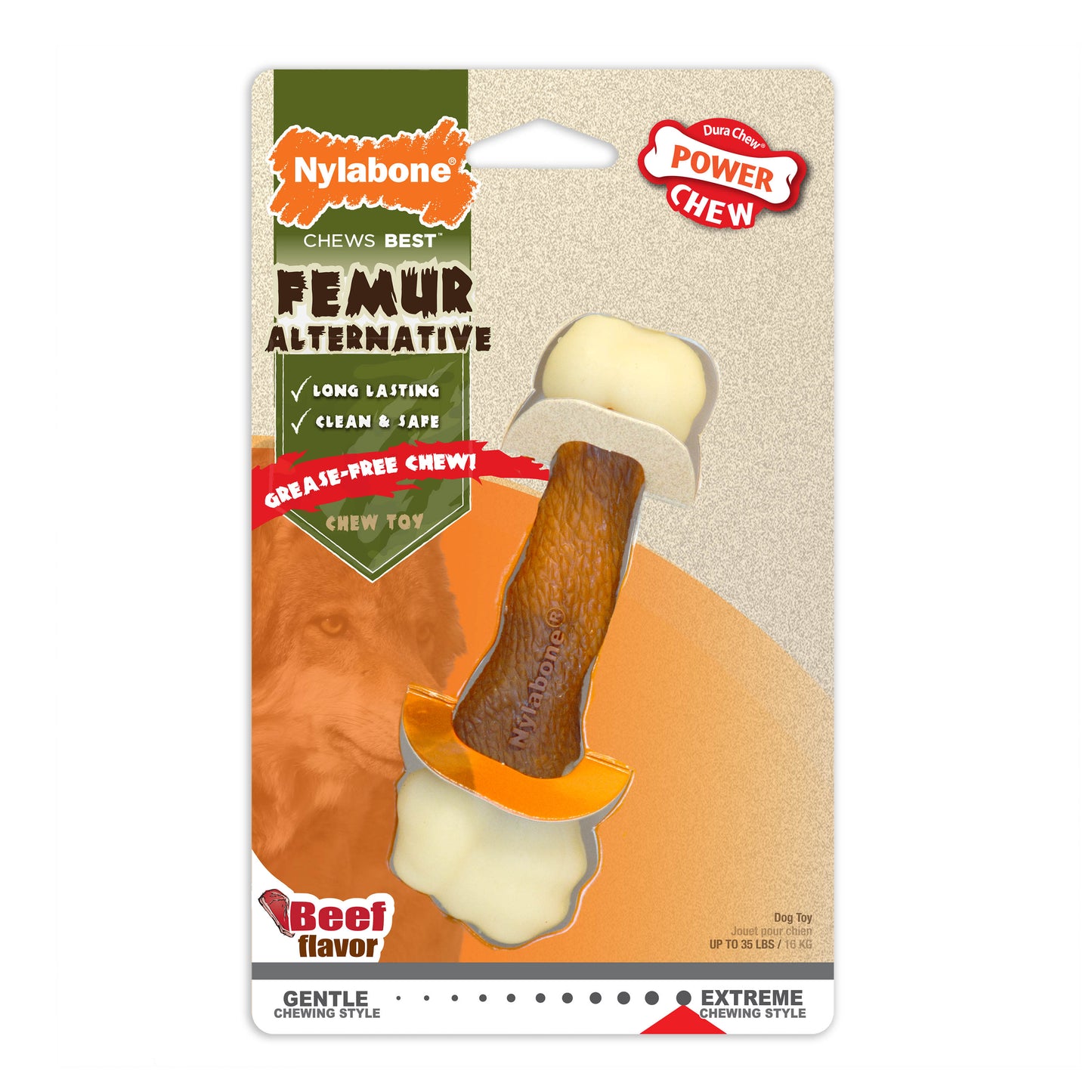 Nylabone Power Chew Femur Dog Bone Alternative Beef 1ea/Medium/Wolf - Up To 35 lb