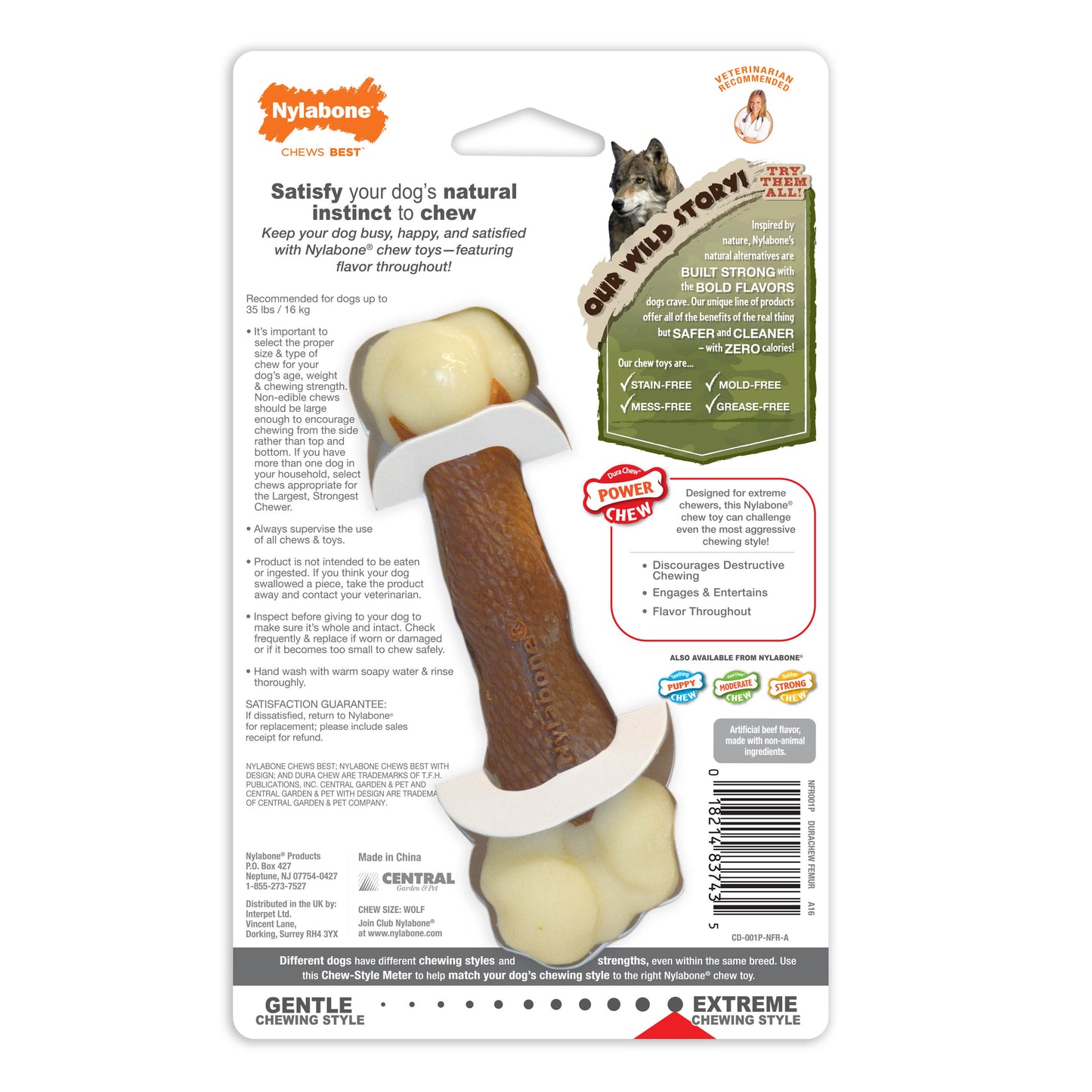 Nylabone Power Chew Femur Dog Bone Alternative Beef 1ea/Medium/Wolf - Up To 35 lb