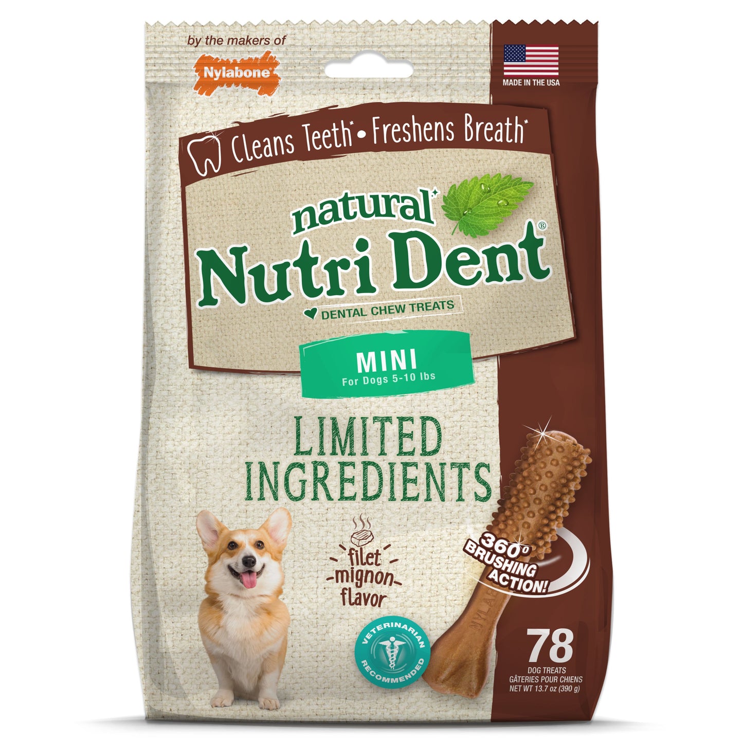 Nylabone Nutri Dent Filet Mignon Dog Dental Chews Filet Mignon 1ea/Mini - 5 Lbs. To 10 lb (78 ct)