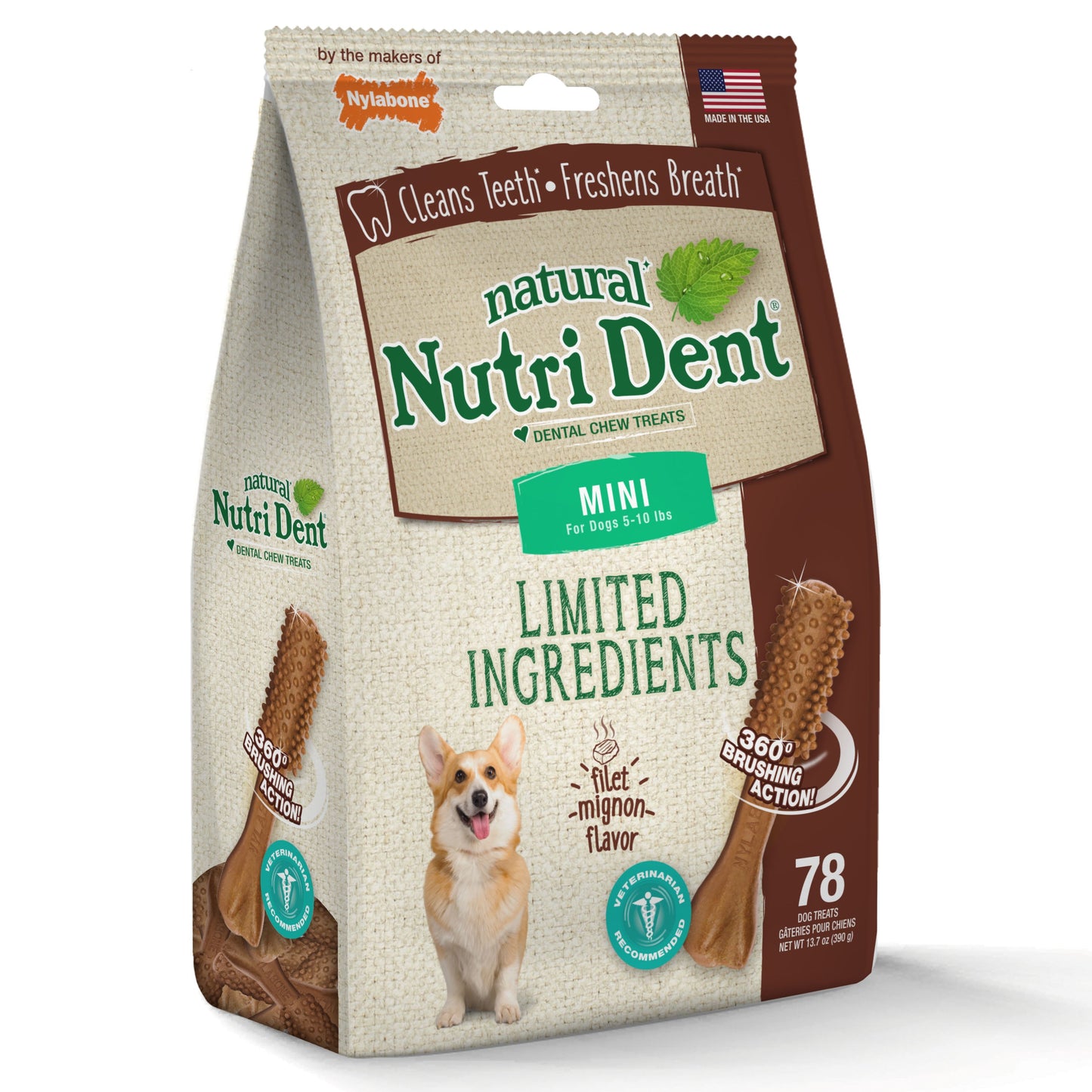 Nylabone Nutri Dent Filet Mignon Dog Dental Chews Filet Mignon 1ea/Mini - 5 Lbs. To 10 lb (78 ct)