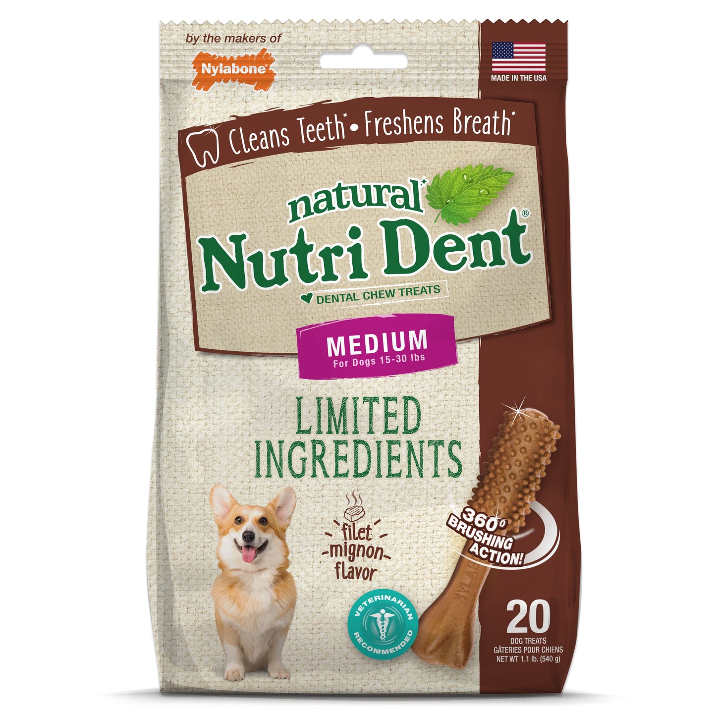 Nylabone Nutri Dent Filet Mignon Dog Dental Chews Filet Mignon Medium - 15 Lbs. To 30 lb  (20 ct)