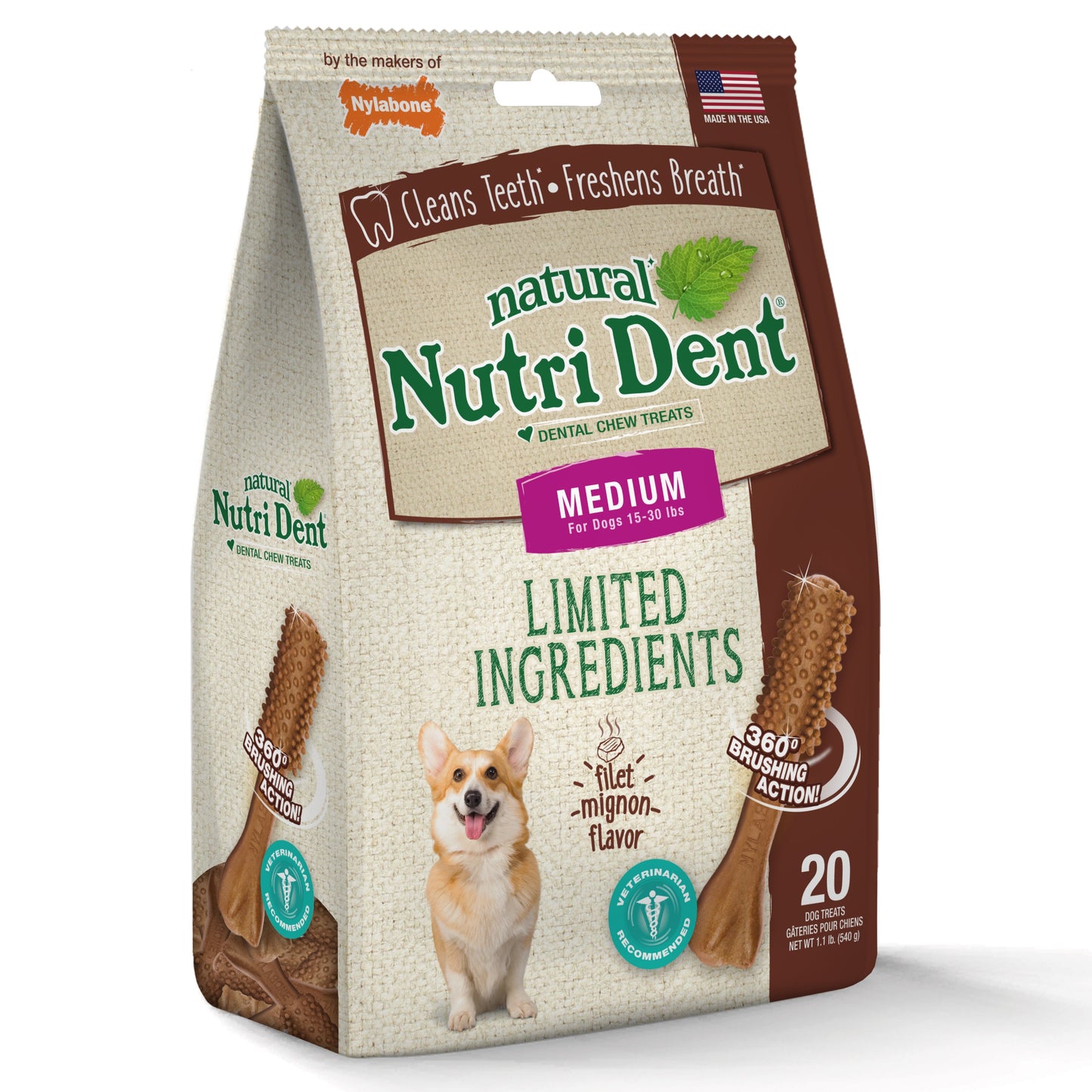 Nylabone Nutri Dent Filet Mignon Dog Dental Chews Filet Mignon Medium - 15 Lbs. To 30 lb  (20 ct)