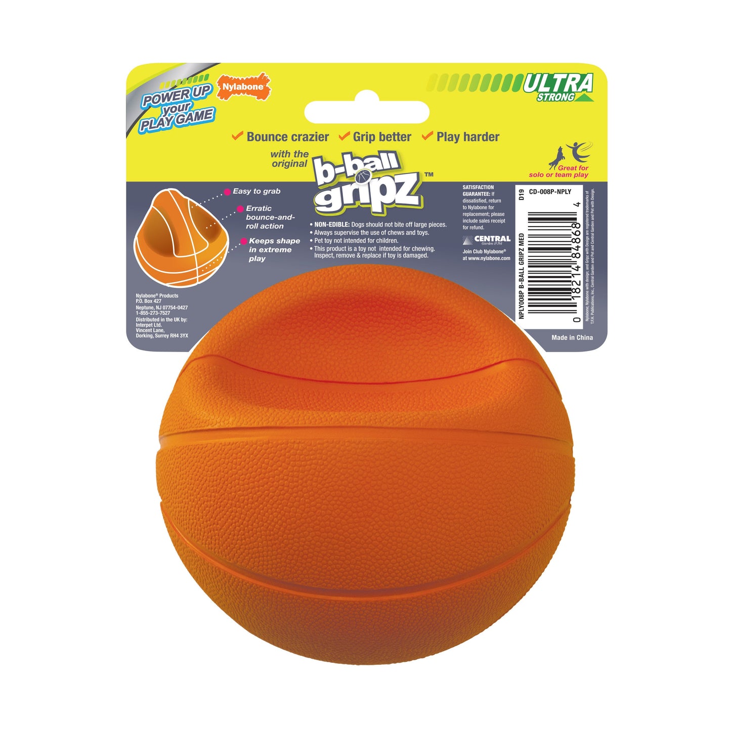 Nylabone Power Play Dog Basketball B-Ball Gripz 1ea/Medium/Wolf - Up To 35 lb