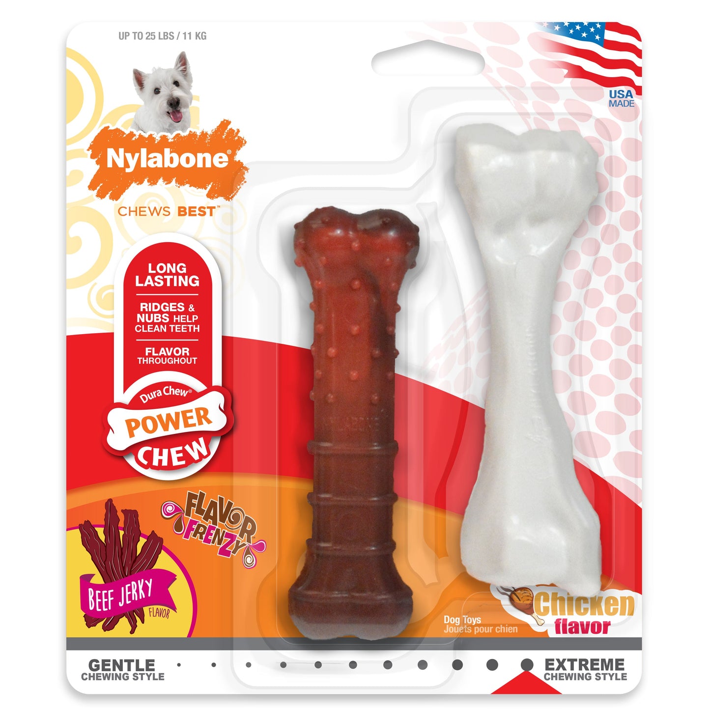 Nylabone Power Chew Durable Dog Chew Toys Twin Pack Beef Jerky & Chicken 1ea/SMall/Regular - Up To 25 Ibs.