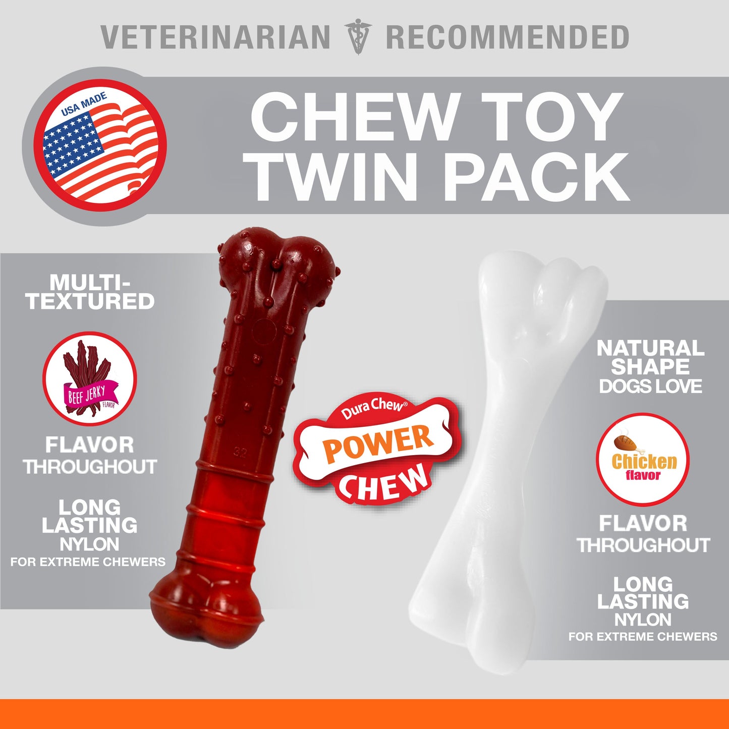 Nylabone Power Chew Durable Dog Chew Toys Twin Pack Beef Jerky & Chicken 1ea/SMall/Regular - Up To 25 Ibs.