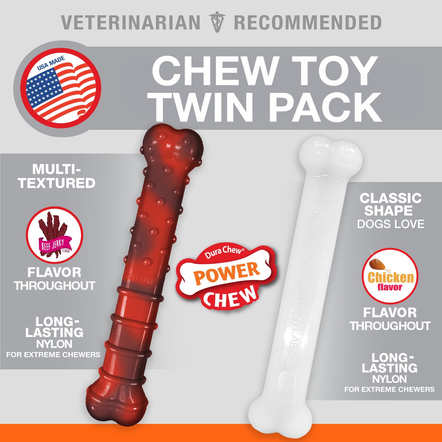 Nylabone Power Chew Durable Dog Chew Toys Twin Pack Beef Jerky & Chicken 1ea/Large/Giant - Up To 50 lb