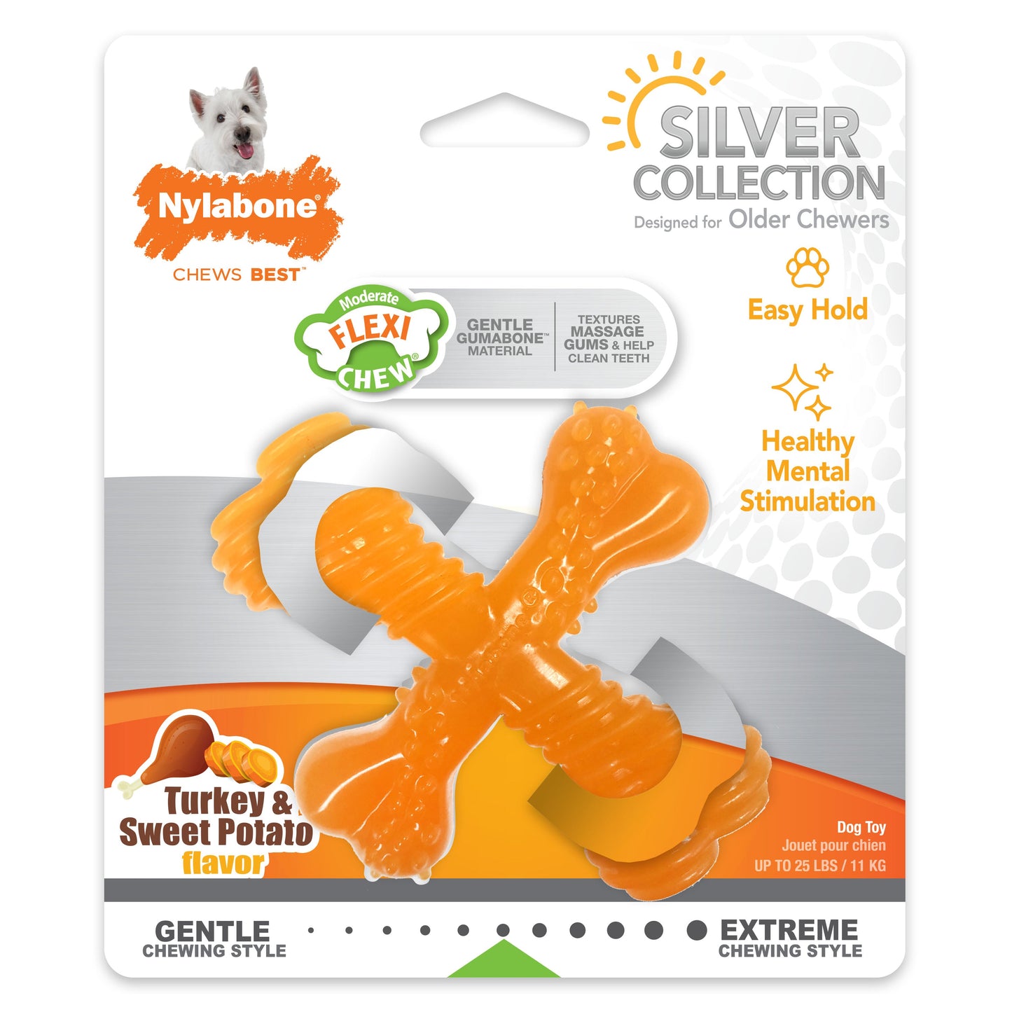 Nylabone Silver Collection Flexi Chew X-Bone Chew Toy for Senior Dogs Turkey & Sweet Potato 1ea/SMall/Regular - Up To 25 Ibs.