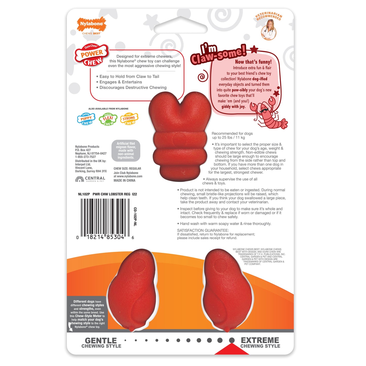 Nylabone Power Chew Lobster Dog Toy Filet Mignon 1ea/Medium/Wolf - Up To 35 lb