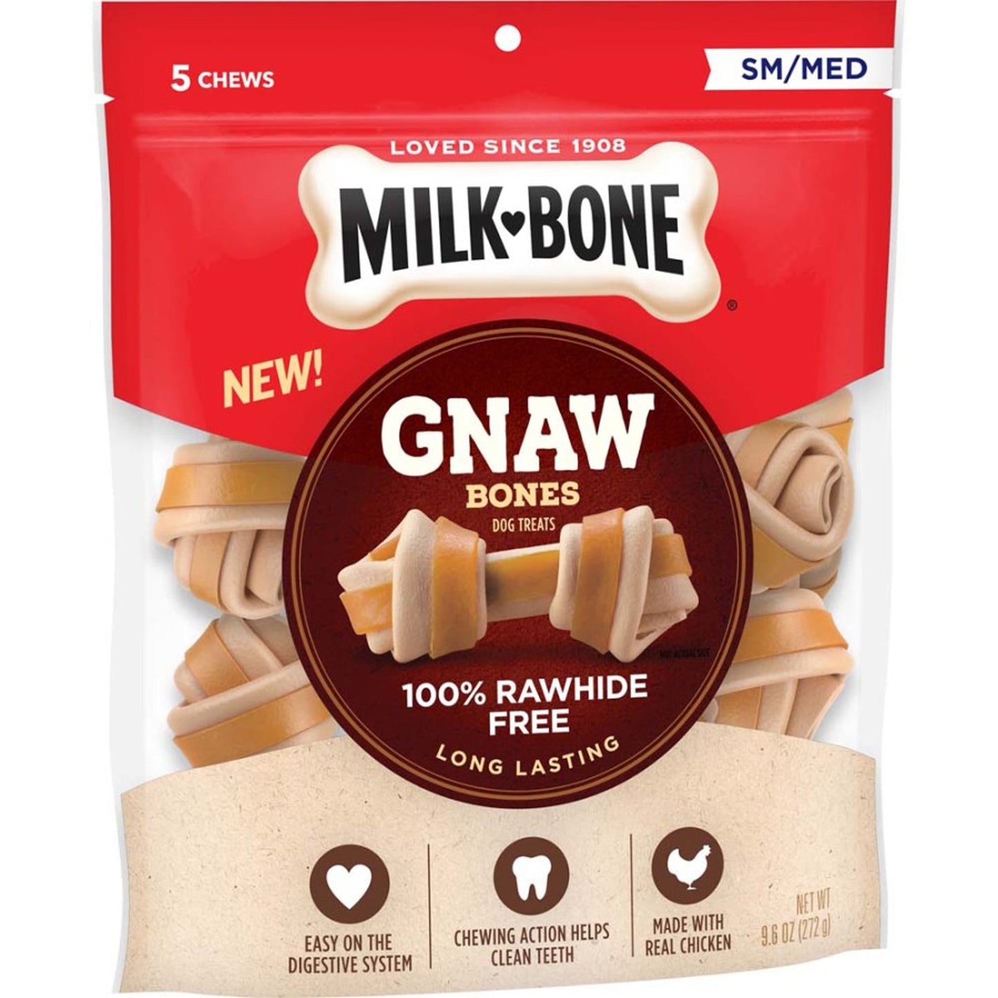 Milk-Bone Gnaw Bones Knotted Bones Dog Treats Chicken 1ea/9.6 oz, 5 ct, SM/MD