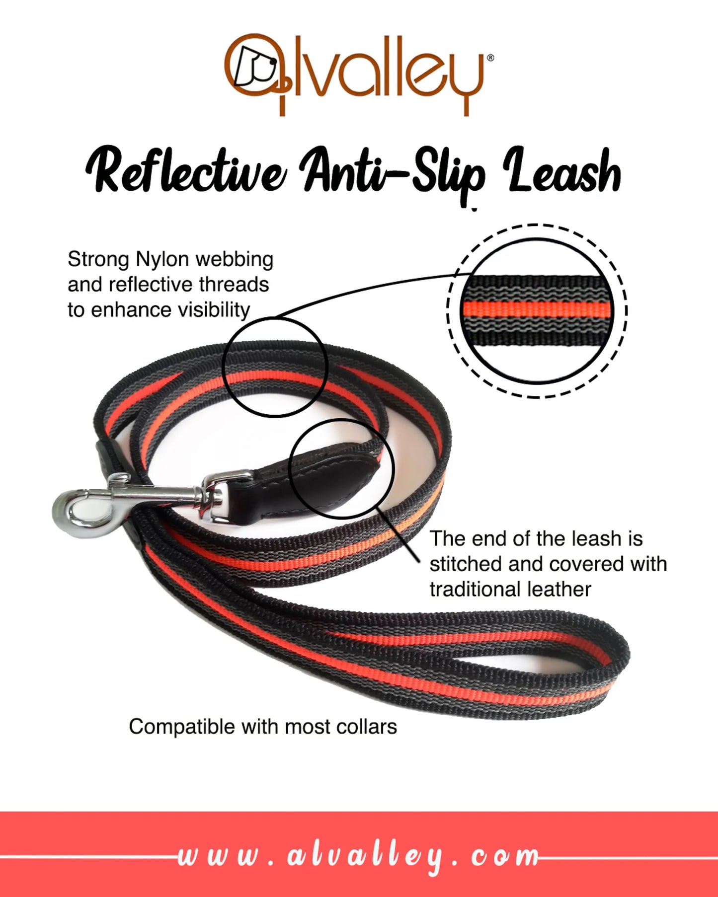 Reflective Anti-Slip Snap Leash (4ft x 3/4in)