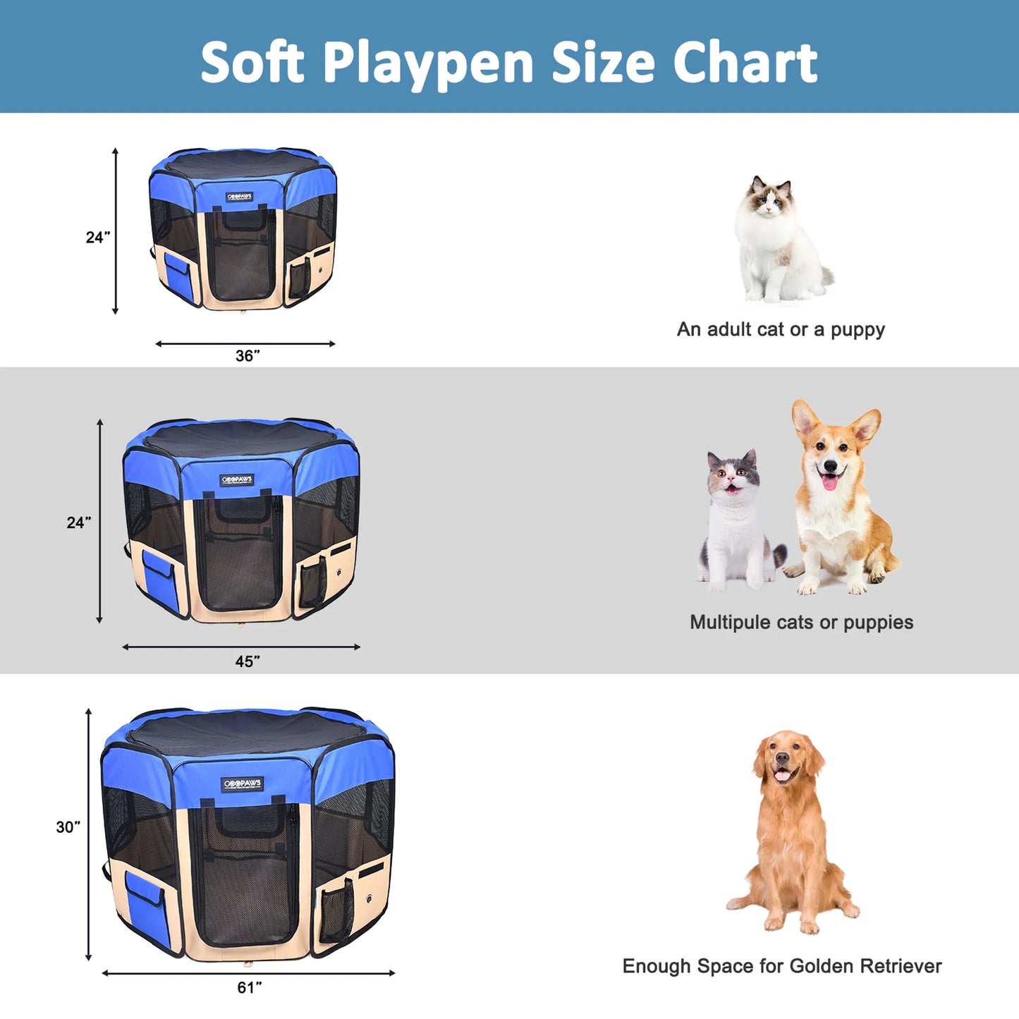 JESPET Pet Dog Playpens 36", 45" & 61" Portable Soft Dog Exercise Pen Kennel with Carry Bag for Puppy Cats Kittens Rabbits, Indoor/Outdoor Use