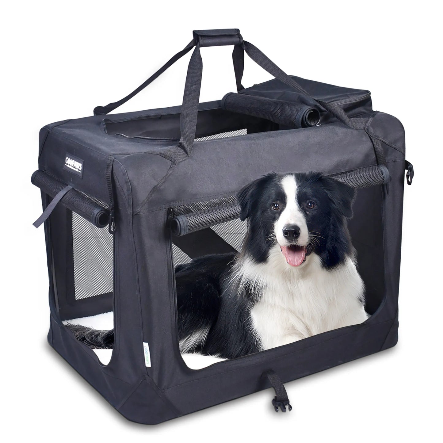 JESPET Soft Pet Crates Kennel, 3 Door Soft Sided Folding Travel Pet Carrier with Straps and Fleece Mat for Dogs, Cats, Rabbits, Indoor/Outdoor Use with Grey, Blue & Beige, Black