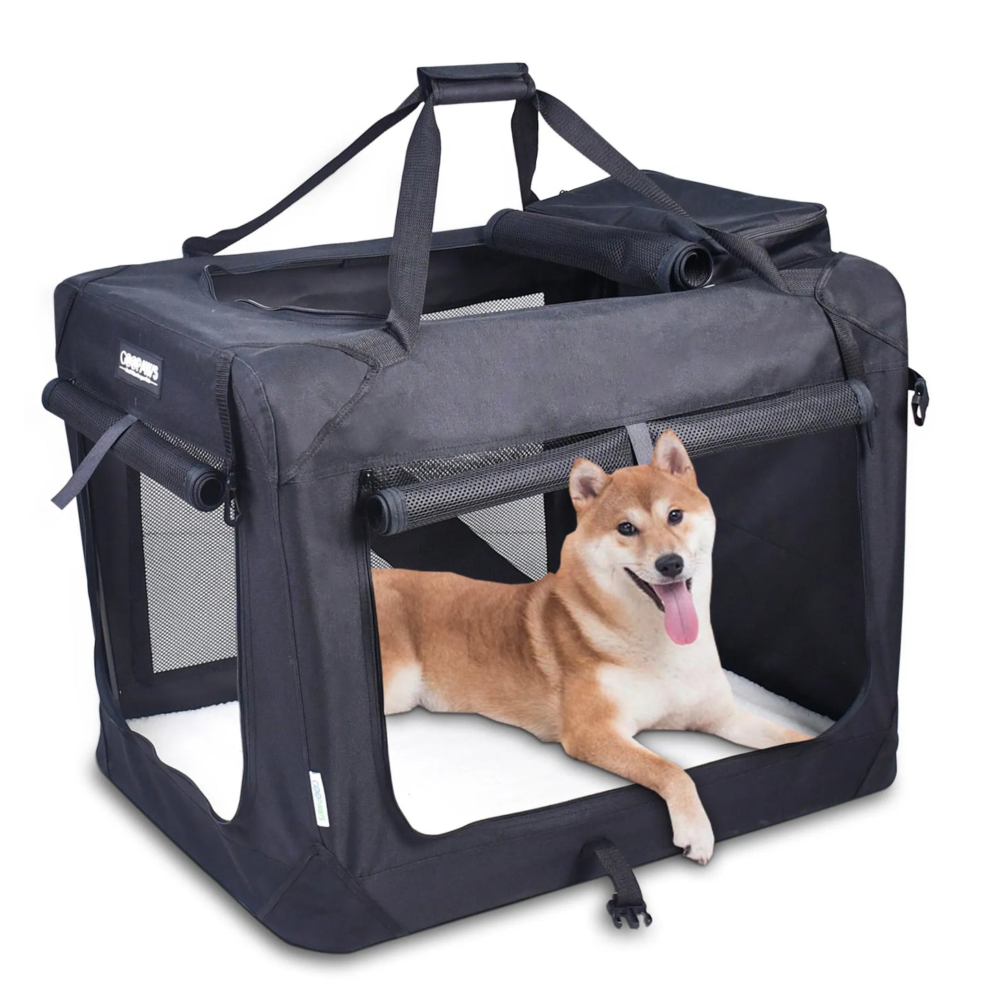 JESPET Soft Pet Crates Kennel, 3 Door Soft Sided Folding Travel Pet Carrier with Straps and Fleece Mat for Dogs, Cats, Rabbits, Indoor/Outdoor Use with Grey, Blue & Beige, Black