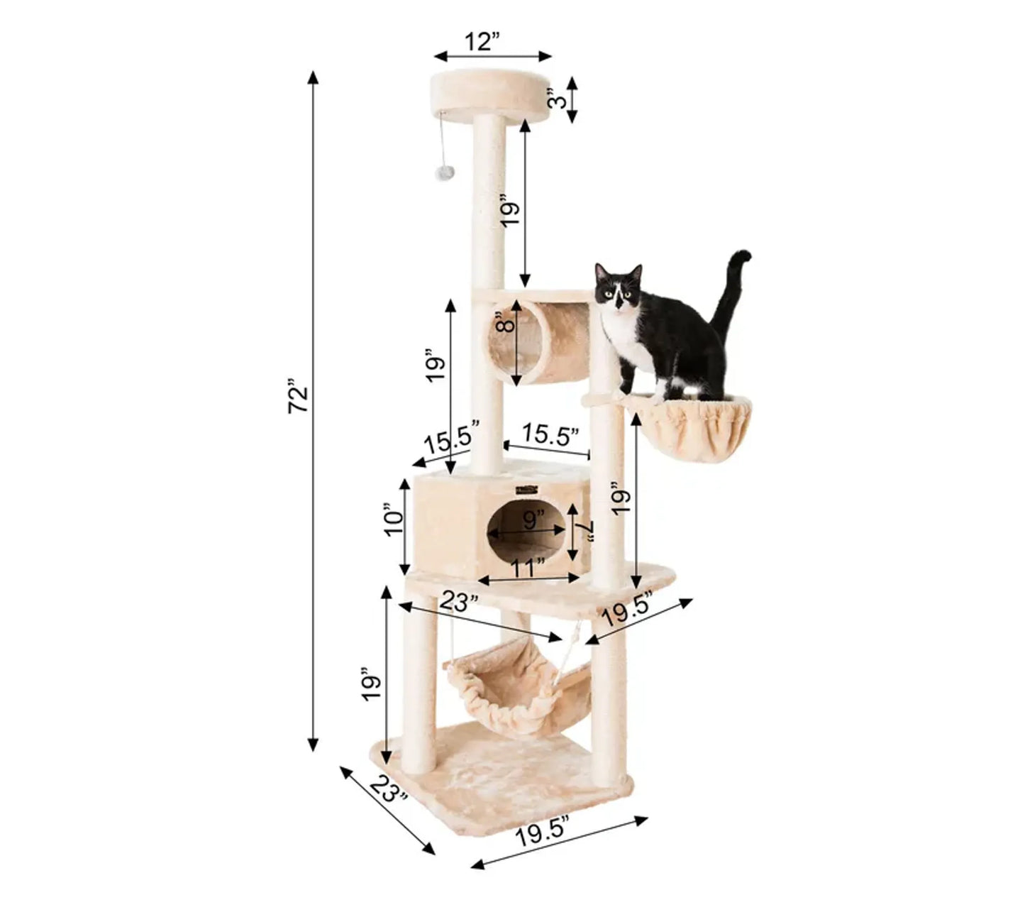 Real Wood 72" H Pet Cat Tower W Lounge Basket, Perch, A7204