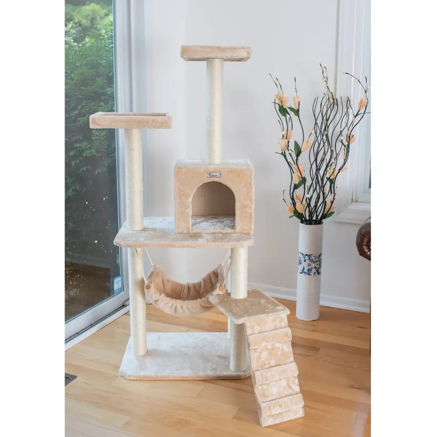 GleePet 57" H Cat Tree Beige Real Wood Cat Indoor House