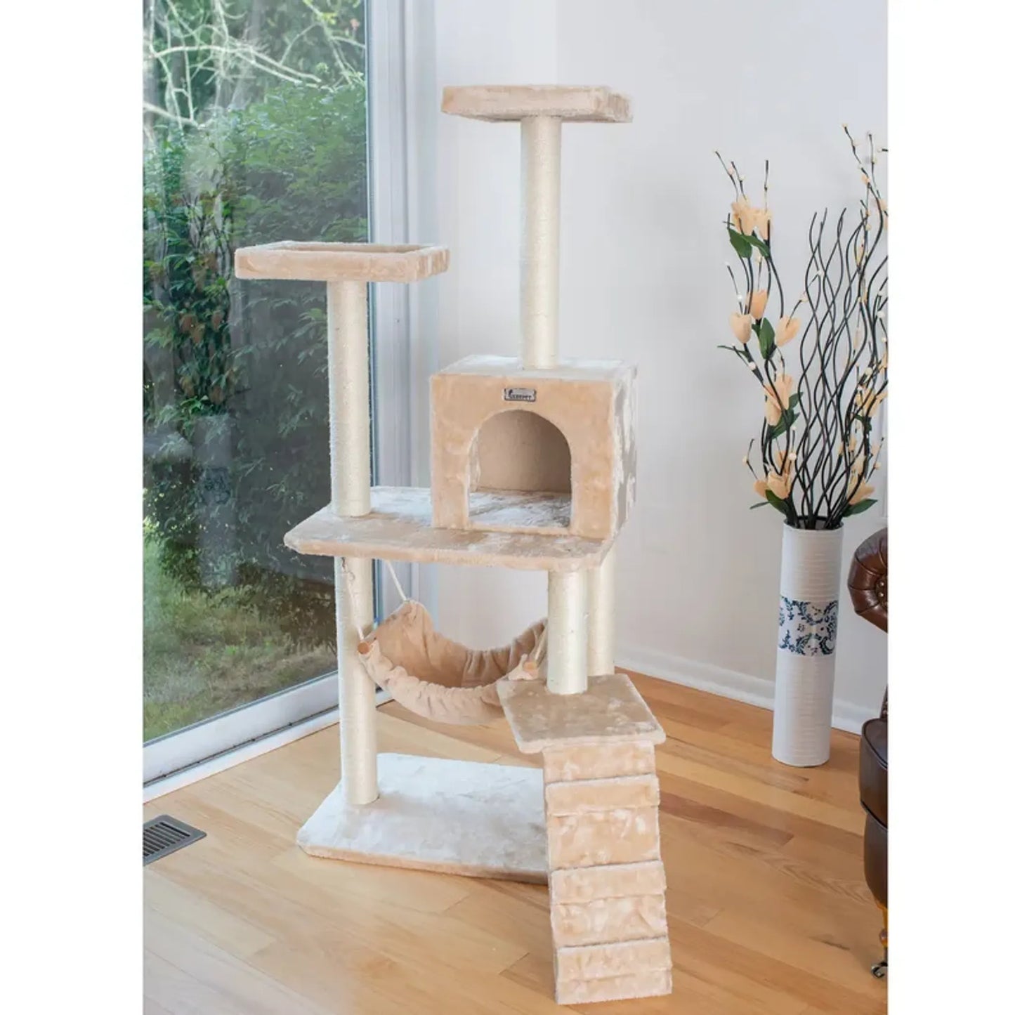 GleePet 57" H Cat Tree Beige Real Wood Cat Indoor House