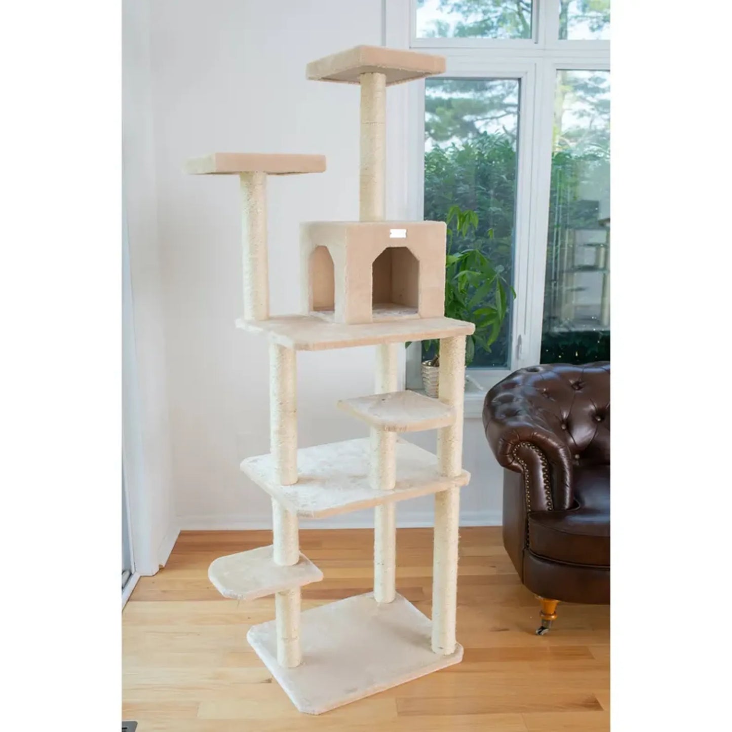 GleePet Real Wood 74-Inch Cat Tree With Seven Levels, Beige