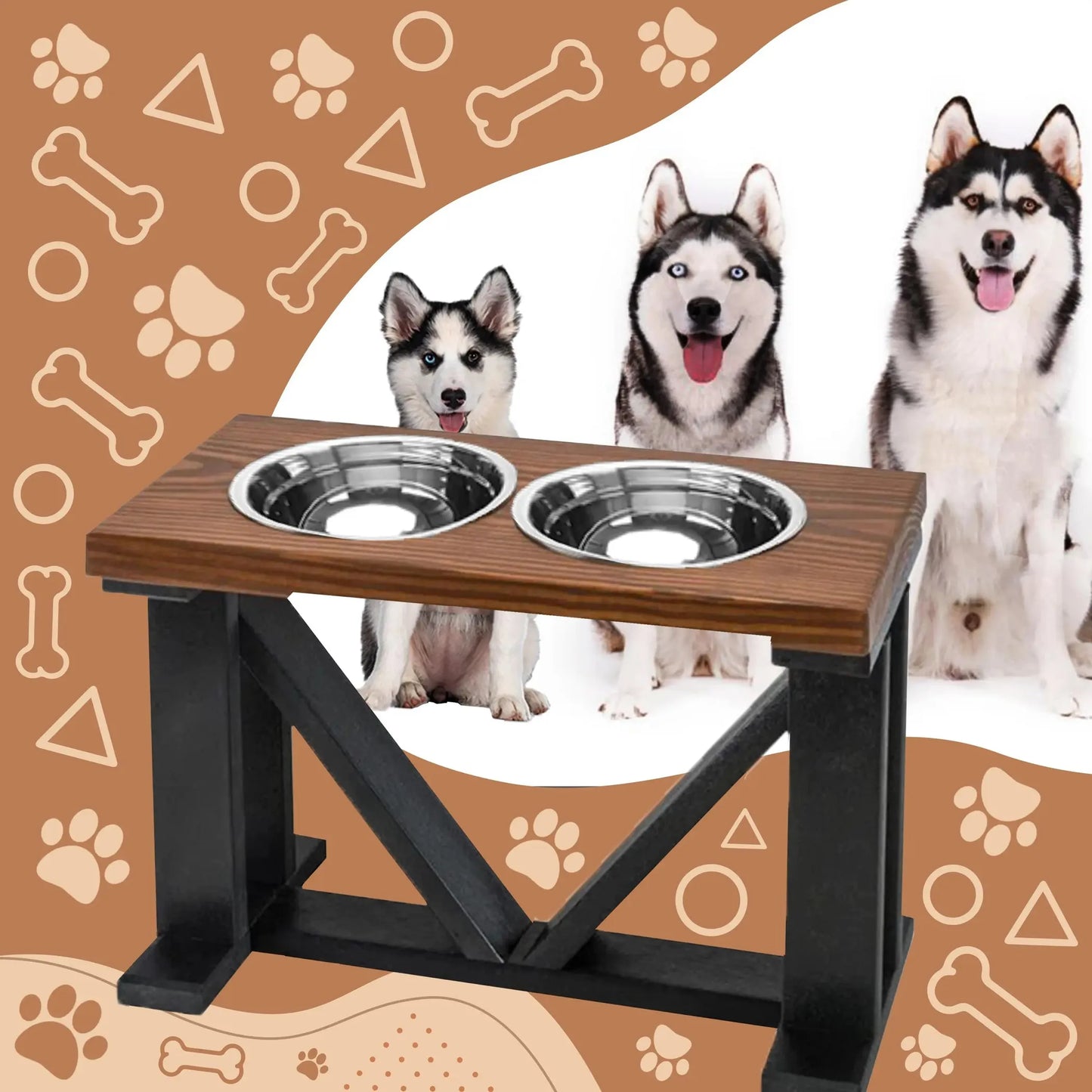 Farmhouse 2-Bowl Elevated Dog Feeder Chestnut Medium, Black Base