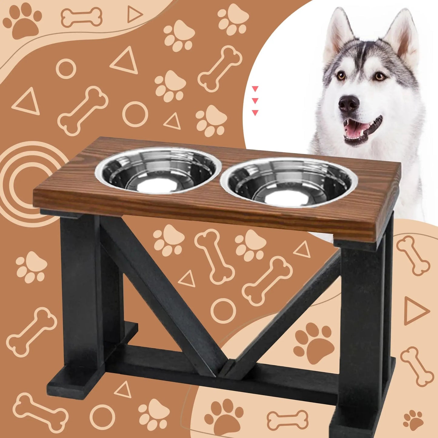 Farmhouse 2-Bowl Elevated Dog Feeder Chestnut Medium, Black Base