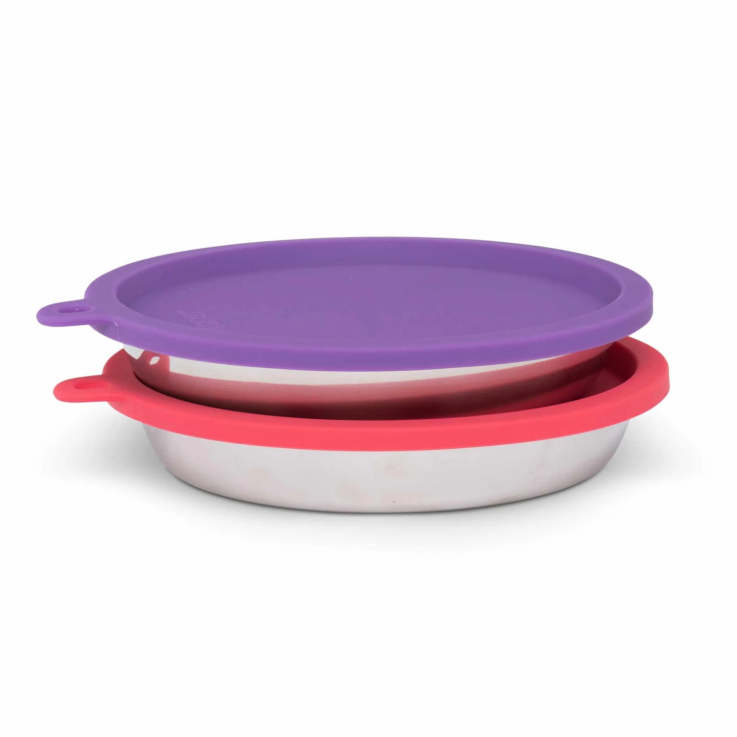 Messy Cats Stainless Saucer Shaped Bowls & Silicone Lids (Watermelon, Purple) 4pc Box Set