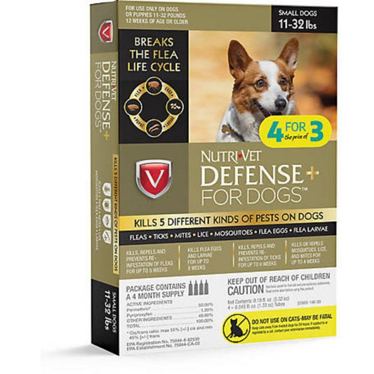 Nutri-Vet Defense+ Flea & Tick for Dog 1ea/SM11-32 lb, 4 pk