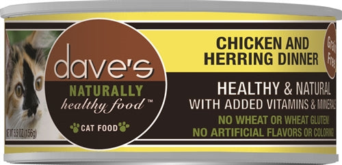 Daves Naturally Healthy Cat Food, Chicken and Herring Dinner 5.5oz. (Case of 24)