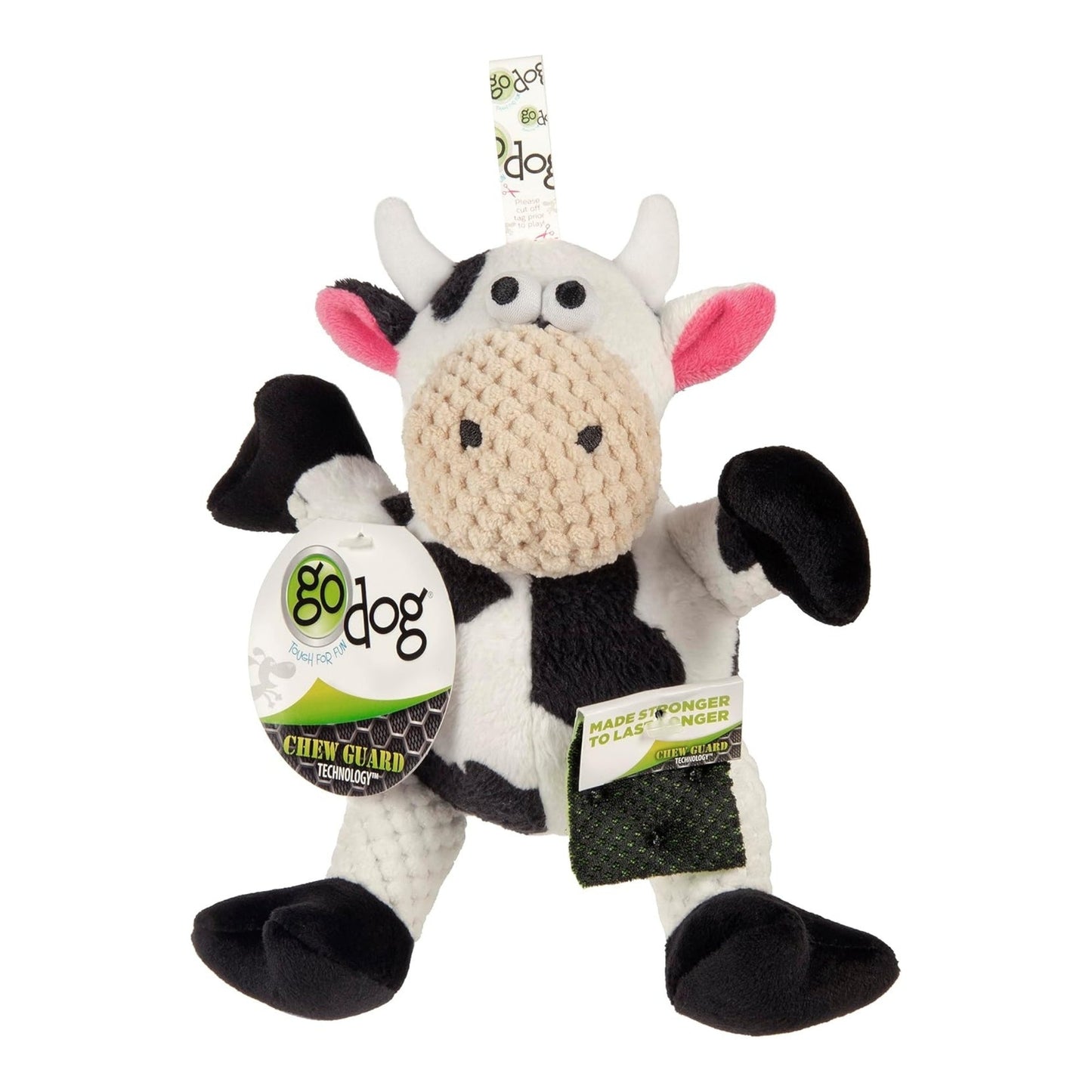 Godog Checkers Sitting Cow Durable Plush Dog Toy Mini