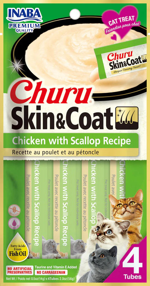 Inaba Cat Churu Puree Skin and Coat Chicken Scallop 2oz. (6 Count)