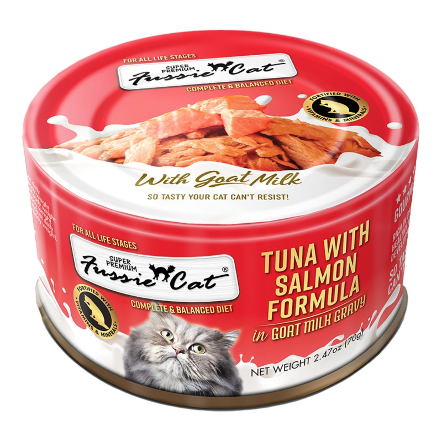 Fussie Cat Premium Tuna with Salmon in Goat milk Gravy 2.47oz. (Case of 24)