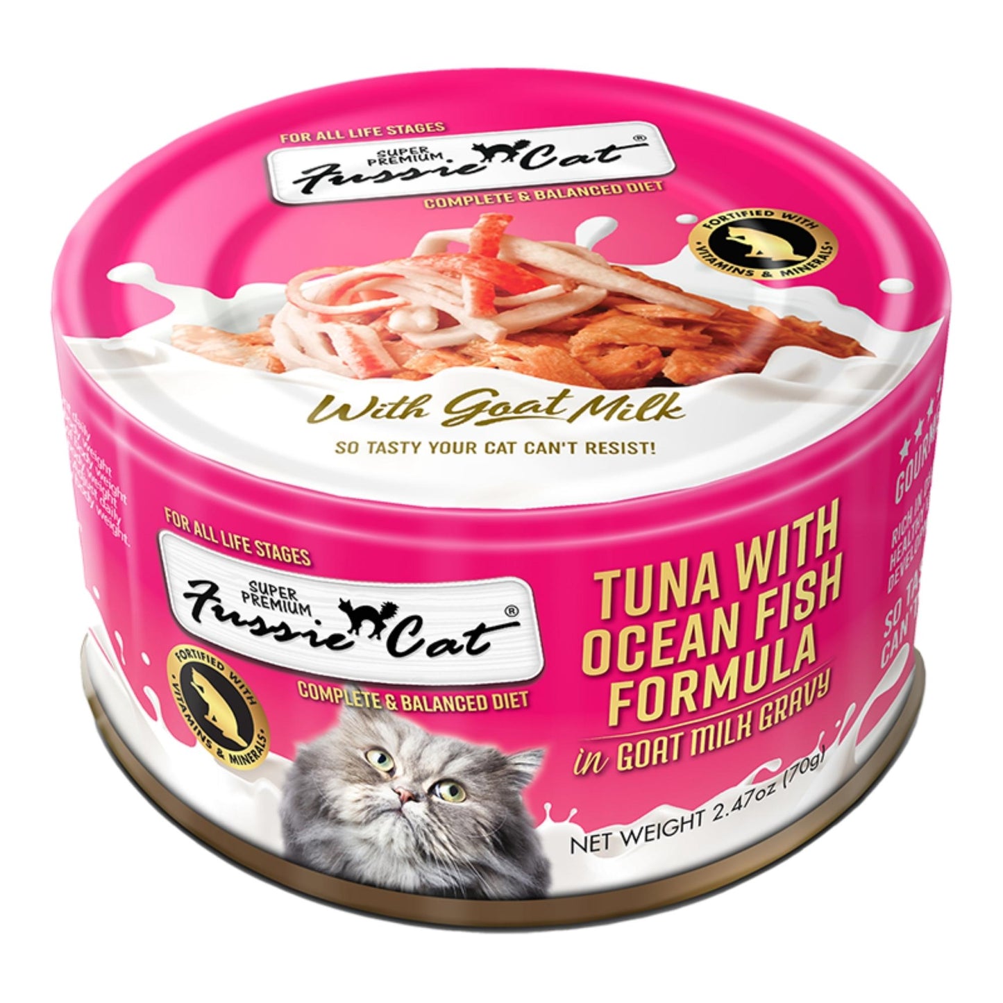 Fussie Cat Premium Tuna with Oceanfish in Goat milk Gravy 2.47oz. (Case of 24)